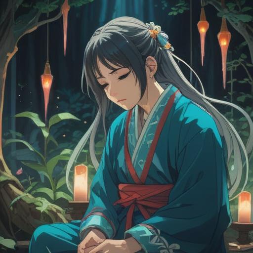 A spiritual scene depicting a person in mourning attire, surrounded by gentle ethereal light, symbolism of hope and renewal, serene atmosphere, soft color palette, mystical elements like glowing orbs and wisps, tranquil background, high emotional resonance, 4k
