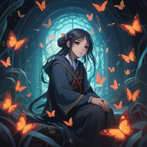 A thoughtful scene depicting a person in mourning attire, surrounded by ethereal light, symbolic butterflies fluttering nearby, a soft aura representing spiritual presence, gentle whispers of wind, serene expression on the character's face, deep connection to the spiritual realm, awareness of life transitions, subtle signs of guidance, emotional ambiance, 4k