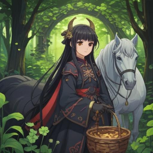 A mysterious encounter with a figure in mourning attire, surrounded by symbols of luck, such as four-leaf clovers and horseshoes, soft twilight lighting, serene expression on the character's face, ethereal background with a hint of magic, dreamlike atmosphere, detailed textures, vivid colors, 4k