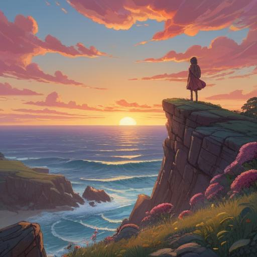 A serene landscape depicting a lone figure standing on a cliff, looking out over a vast ocean at sunset, soft waves lapping at the shore, ethereal mist rising from the water, a sense of solitude and reflection in the air, gentle light illuminating the scene, symbolic representation of loss and spiritual connection, 4k
