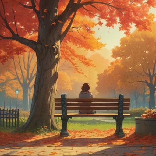 A serene and introspective scene, a person sitting alone on a park bench, surrounded by autumn leaves, soft sunlight filtering through trees, gentle emotional expression, ethereal light orbs floating around, symbolic representation of spiritual signs, sense of loss reflected in body language, tranquil atmosphere, 4k
