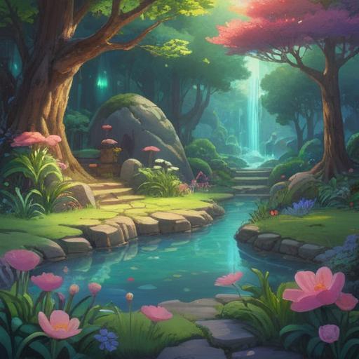 A serene scene depicting a lucky stone glowing gently in a tranquil setting, surrounded by soft, ethereal light, a peaceful garden with blooming flowers, a gentle stream flowing nearby, the stone resting on a bed of moss, emanating warmth and comfort, evoking feelings of hope and solace, 4k