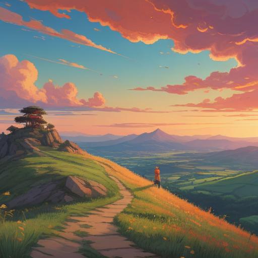 A serene landscape illustrating the theme of overcoming feelings of loss, gentle hills under a warm sunset, a lone figure standing on a hilltop gazing towards the horizon, symbols of hope such as blooming flowers and birds in flight, a sense of tranquility and renewal, soft colors blending together, inviting atmosphere, 4k