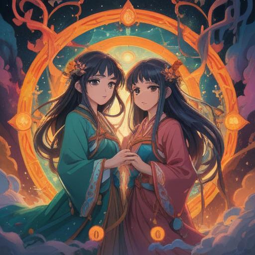 A serene and mystical scene depicting the spiritual meaning of conceiving twins, two ethereal figures representing the twins, intertwined in a celestial embrace, surrounded by a glowing aura of harmony and balance, symbols of duality and unity in the background, soft ethereal light illuminating the scene, a peaceful and uplifting atmosphere, detailed celestial elements, vibrant colors, 4k