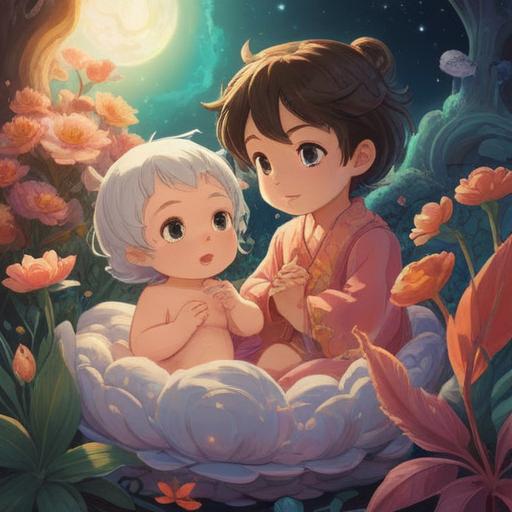 A serene illustration depicting twin babies, symbolic of spiritual blessings, gentle light illuminating their presence, a heavenly aura surrounding them, floral patterns symbolizing growth and harmony, peaceful and nurturing atmosphere, reflecting love and connection, soft pastel colors, ethereal background, 4k