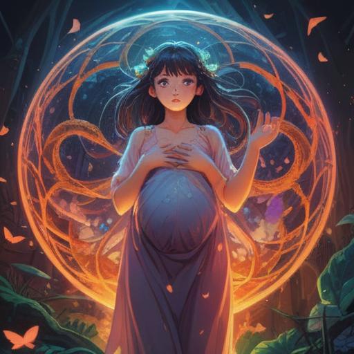 A serene illustration of a pregnant woman with a glowing aura, surrounded by ethereal symbols of duality, twin motifs like intertwined hearts and stars, gentle light illuminating her figure, peaceful environment, nature elements like blooming flowers and soft wind, spiritual energy radiating, harmonious blend of colors, 4k