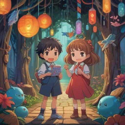 A charming illustration of identical twins happily choosing magical items together, vibrant colors, whimsical atmosphere, playful expressions, surrounded by a variety of enchanting objects, sparkling light effects, nurturing bond, enchanting shop setting, 4k