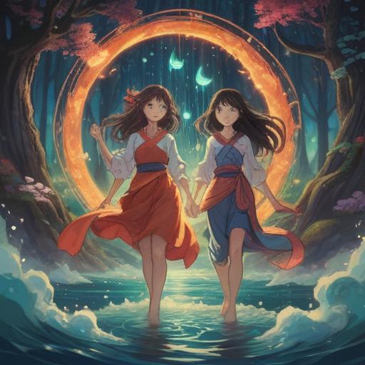 A serene spiritual illustration of twins, ethereal light surrounding them, interconnected energy, symbolizing harmony and balance, mystical environment, floating lotus flowers, gentle aura, reflective expression, 4k