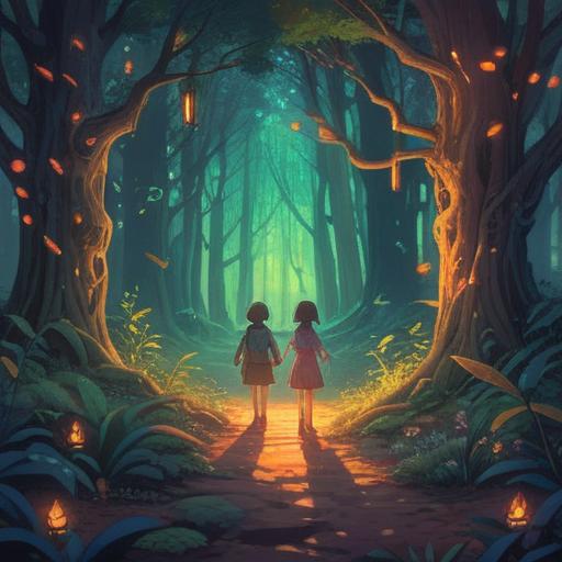 A mystical scene depicting twins surrounded by ethereal lights, subtle energy auras, symbolic elements representing spiritual signs, an enchanting forest background, gentle glows illuminating their connection, serene expressions reflecting deep understanding, harmonious colors blending softly, profound energy flow between them, 4k