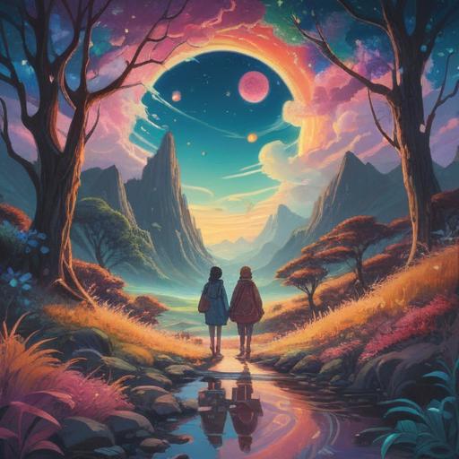 A mystical illustration of twin figures in a dreamlike landscape, ethereal colors, serene expressions, cosmic symbols floating around, interconnected essence, gentle glow illuminating their features, harmonious vibes, surreal background elements, representing spiritual unity and duality, 4k