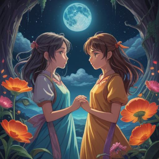 A mystical and enchanting illustration of twin siblings sharing a dream, ethereal light surrounding them, symbolic representations of positive spiritual signs, dreamlike landscape with celestial elements, harmonious connection between the twins, soft pastel colors, surreal atmosphere, 4k