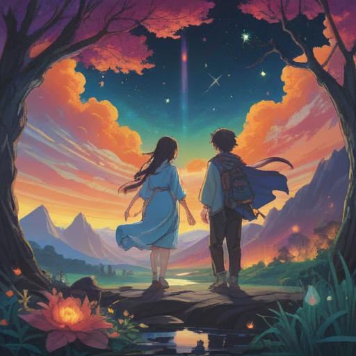 A mystical illustration of twin figures in a dreamlike landscape, ethereal glow surrounding them, symbolic elements representing intuition and connection, stars and clouds forming a surreal background, soft light illuminating their faces, representing spiritual awakening, serene atmosphere, 4k
