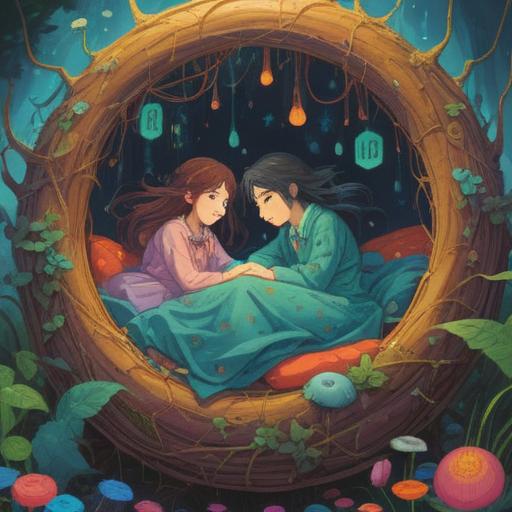 A whimsical illustration of two identical twins, sleeping peacefully in a dreamy landscape, surrounded by floating numbers that represent their lucky numbers, soft pastel colors, ethereal clouds, dreamy ambiance, playful expressions, magical atmosphere, 4k