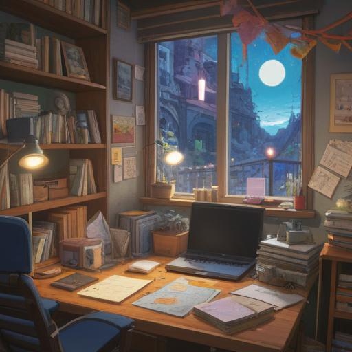 A serene and organized workspace, neatly stacked papers, colorful sticky notes, a laptop displaying mind maps, a cup of coffee, soft natural light streaming through the window, a sense of focus and productivity, inviting atmosphere, 4k