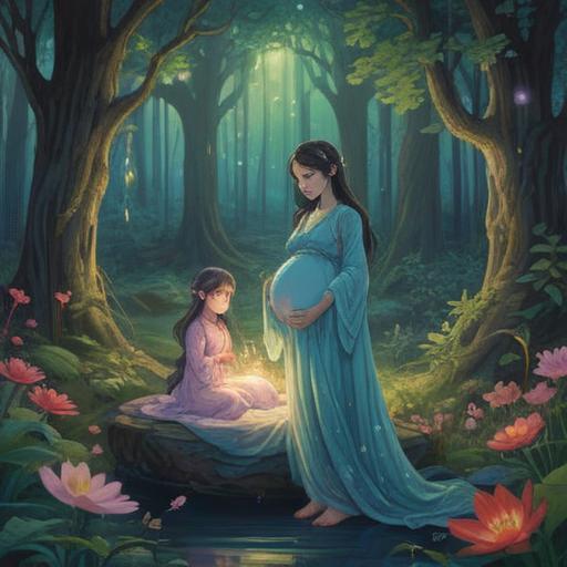 A serene and mystical scene depicting the spiritual meaning of anticipating the pregnancy of twins, ethereal light surrounding a pregnant woman, symbols of duality and unity in nature, gentle pastel colors, a harmonious blend of flora and fauna, reflective and tranquil atmosphere, the essence of motherhood and balance, dreamlike quality, 4k