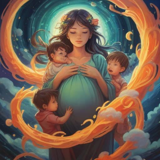 A serene and uplifting illustration depicting a pregnant woman with twin babies, surrounded by ethereal light and gentle, swirling energy, symbolic elements representing spirituality and good omens, lush nature in the background, soft pastels, harmonious atmosphere, delicate details, 4k