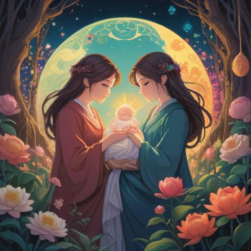 A mystical and serene illustration, depicting expectant twin mothers, symbolic signs surrounding them, ethereal glow, gentle nature elements like flowers and butterflies, spiritual aura, soft pastel colors, emphasis on connection and intuition, warm and inviting atmosphere, 4k