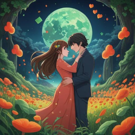 A joyful scene depicting a couple happily embracing the news of expecting twins, surrounded by symbols of luck like four-leaf clovers and shooting stars, bright and cheerful colors, soft lighting, warm expressions, a beautiful garden background filled with blooming flowers, a sense of hope and anticipation, 4k