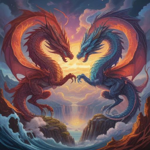 A mystical illustration of twin dragons, symbolizing spiritual balance and harmony, surrounded by ethereal clouds, vibrant energy emanating from their bodies, intricate scales reflecting light, serene landscape in the background, a sense of protection and unity, 4k