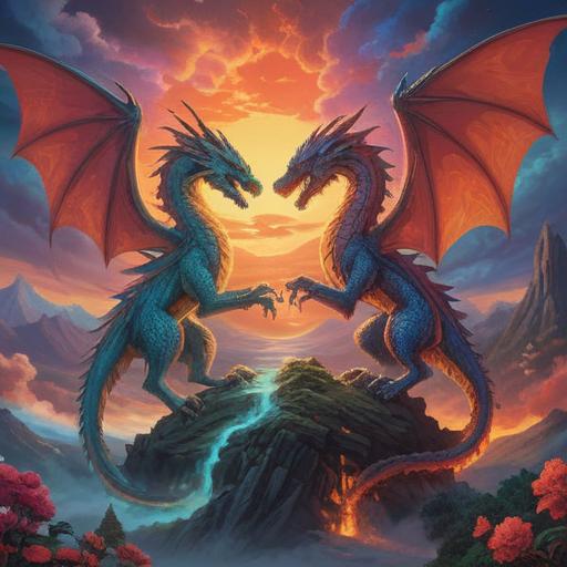 A mystical illustration of two dragons intertwining in the sky, vibrant colors representing spiritual energy, a serene landscape below them, symbols of good fortune surrounding the dragons, ethereal clouds, harmonious atmosphere, intricate details in dragon scales, 4k