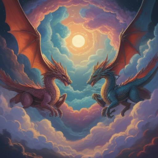 A mystical scene depicting twin dragons soaring through the clouds, vibrant colors, ethereal lighting, serene atmosphere, symbolic representation of spiritual guidance, intricate details on the dragons' scales, harmony in nature, enlightenment and awakening, captivating celestial background, 4k