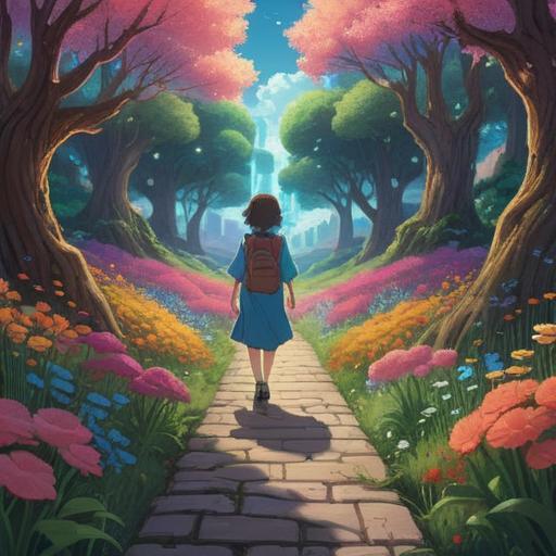 A serene landscape depicting a path illuminated by the energy of twin dragons, mystical vibes, symbolic flowers blooming along the way, a person meditating at the center, surrounded by vibrant colors of energy, gentle breeze rustling leaves, harmonious connection with nature, tranquil atmosphere, hope and readiness, 4k