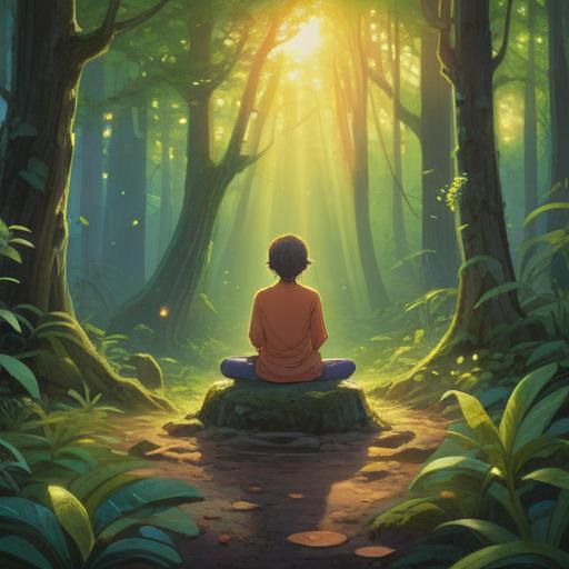 A serene scene depicting an honest individual meditating in a tranquil forest, radiant light beams filtering through lush trees, symbols of positive energy surrounding the person, gentle expressions reflecting inner peace and spiritual connection, harmonious balance with nature, encouraging atmosphere, inviting a sense of calm and understanding, 4k