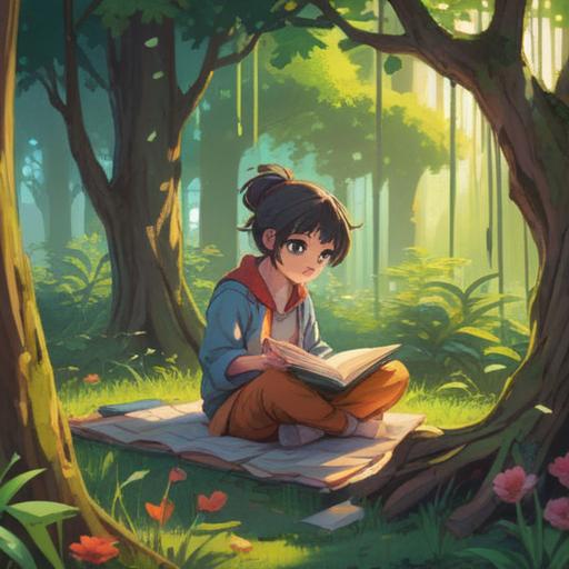 A serene and introspective scene depicting a person practicing mindfulness, soft sunlight filtering through trees, a peaceful garden setting, a notebook open with reflections written down, gentle breeze, focus on self-improvement and honesty, calming atmosphere, 4k