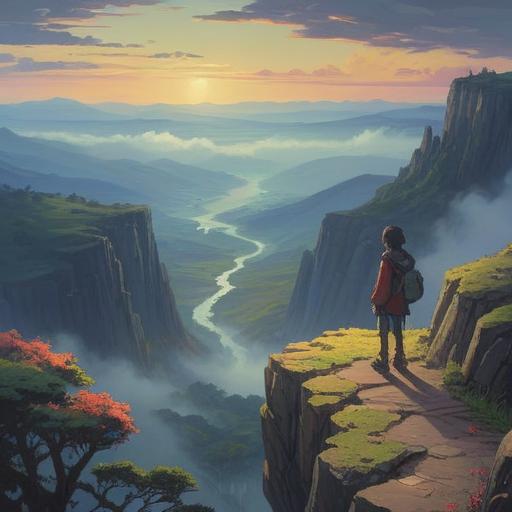 A serene landscape depicting a solitary figure standing on a cliff, overlooking a vast and empty valley, mist shrouding the horizon, gentle waves of ethereal light emanating from the figure, conveying a sense of isolation and introspection, vibrant colors contrasting with the muted background, symbolic elements representing spiritual awakening, 4k