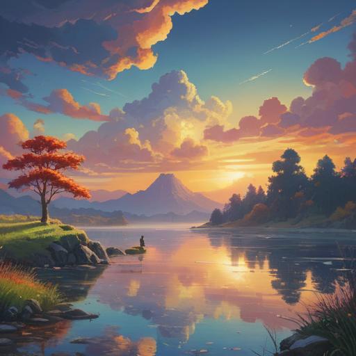 A serene landscape representing feelings of alienation, soft light breaking through clouds, a lone figure contemplating by a tranquil lake, hints of spiritual awakening, symbolic elements like blossoming flowers and distant mountains, ethereal atmosphere, encouraging reflection and introspection, 4k