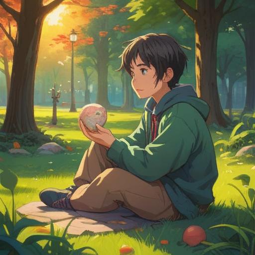A serene illustration of a person sitting alone in a tranquil park, holding a lucky stone in their hand, soft sunlight filtering through the trees, gentle breeze rustling leaves, a calming atmosphere, hints of nature surrounding them, peaceful expression, soft colors, light reflections on the stone, an inviting yet melancholic scene, 4k