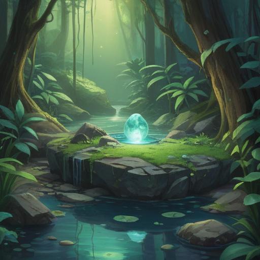A serene and calming illustration, featuring a lucky stone glowing with soft light, surrounded by lush greenery and gentle water, evoking tranquility and peace, intricate details of the stone's texture, a gentle breeze causing leaves to rustle, warm color palette, soothing atmosphere, nature-inspired elements, 4k