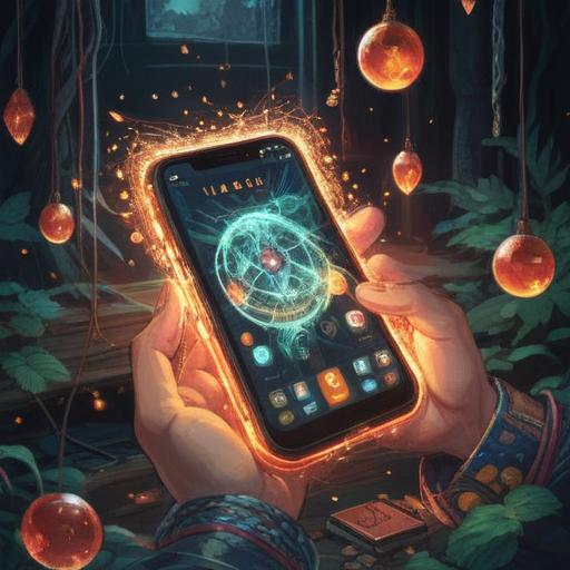 An intriguing surreal illustration, vibrant colors, a glowing lucky item in the center, symbolic representation of reconnection, a phone with sparkles emerging, expressions of joy and surprise on characters' faces, lush background depicting a sunset, magical atmosphere, 4k