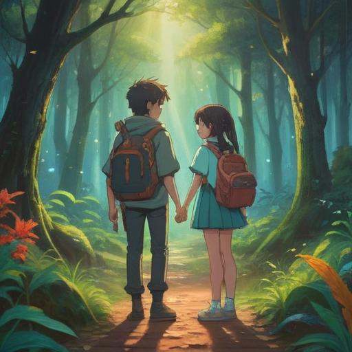 A surreal depiction of two friends standing apart, ethereal light connecting their hearts, a dreamlike forest in the background, symbols of friendship and spirituality surrounding them, soft pastel colors, a sense of longing and connection, serene atmosphere, 4k