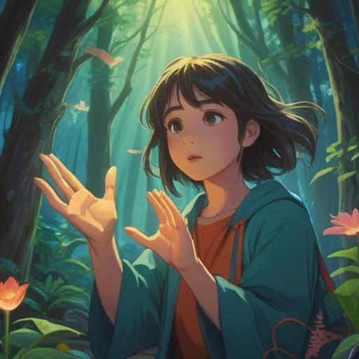 A serene and mystical scene, a distant friend reaching out with glowing hands, ethereal light illuminating their face, a warm breeze rustling the leaves, symbolic imagery like feathers and doves, soft pastel hues, a sense of connection and hope, tranquil atmosphere, 4k