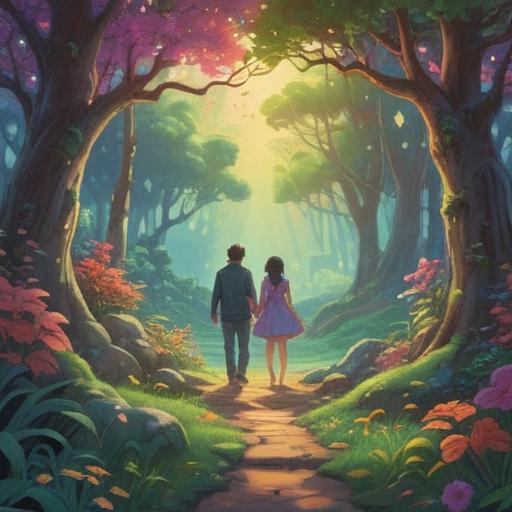 A spiritual reunion with a distant friend, vibrant lucky charms, mystical atmosphere, soft light illuminating a serene setting, intertwined paths symbolizing friendship, subtle ethereal elements, inviting warmth, emotional expressions, harmonious color palette, 4k