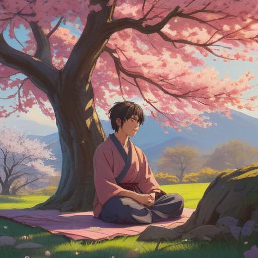 A serene moment of preparation for a reunion, a person meditating under a cherry blossom tree, gentle sunlight filtering through the branches, a journal open with heartfelt notes, tranquil pond reflecting the blossoms, soft breeze creating ripples, clear sky, sense of hope and anticipation, 4k