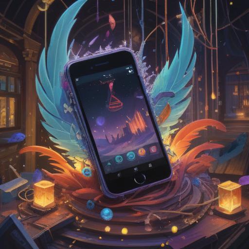 A mysterious scene depicting a phone ringing with an unexpected message, ethereal lights surrounding the phone, symbols of spirituality like feathers and crystals floating around, a soft glow illuminating the background, a feeling of divine connection, serene colors, hints of nature in the background, warm and inviting atmosphere, 4k