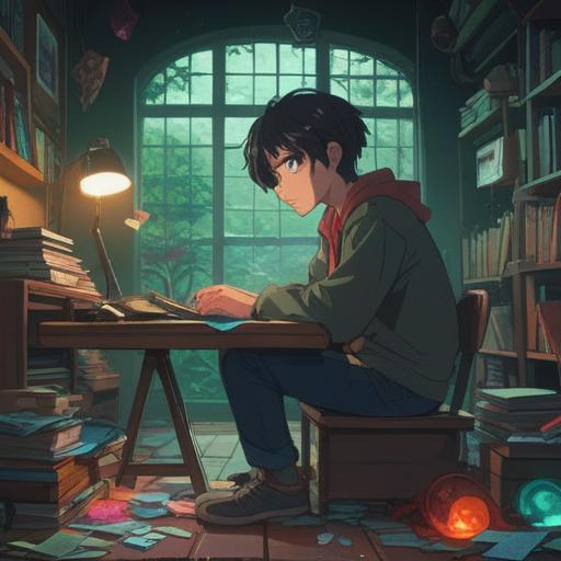 A gloomy indoor scene, a person sitting at a desk looking tired and unmotivated, a shimmering lucky stone glowing softly, inspirational quotes on the wall, a ray of sunlight breaking through the window, plants on the windowsill, a cup of tea nearby, hopeful atmosphere, detailed textures, 4k