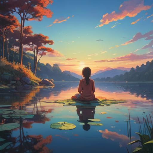 A serene landscape depicting a peaceful sunrise over a tranquil lake, vibrant colors reflecting on the water's surface, a person meditating on a rock, surrounded by lush greenery and blooming flowers, soft light illuminating the scene, conveying a sense of calm and positivity, elements of nature symbolizing healing and renewal, encouraging a positive outlook, harmony and balance, 4k