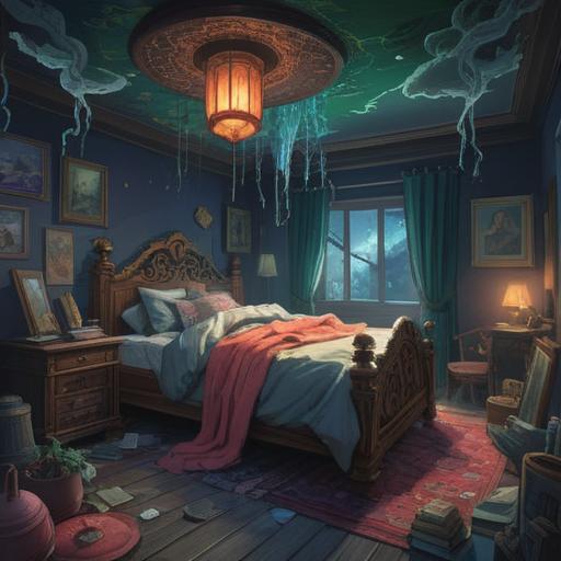 A surreal illustration depicting the struggle of sleeplessness, ethereal elements representing spiritual restlessness, floating dreamlike figures, darkened room with glowing orbs, intricate patterns symbolizing thoughts racing, calming yet chaotic atmosphere, a clock melting to signify time slipping away, soft light illuminating the scene, 4k