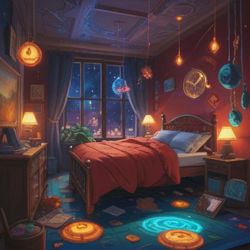 A person lying awake in bed, surrounded by floating spiritual symbols, glowing lights, ethereal energy, a clock showing late hours, a serene bedroom setting, tranquil yet unsettling atmosphere, soft shadows, conveying a sense of restlessness, 4k
