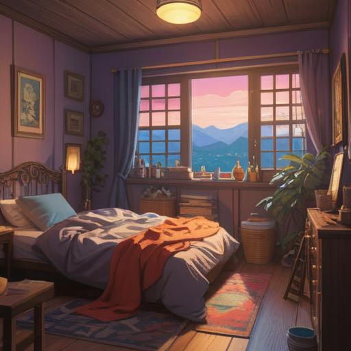 A calming illustration of a person relaxing in a cozy bedroom, surrounded by gentle scents of essential oils, soft lighting creating a warm atmosphere, a diffuser releasing aromatic steam, peaceful expressions conveying relief, calming colors and textures, tranquil night scenery outside the window, elements of nature like lavender and chamomile, 4k