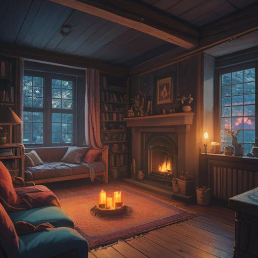 A serene night scene, gentle glow of candlelight, soothing aroma diffusing through a cozy room, soft blankets and pillows, a person meditating peacefully, essential oil bottles arranged aesthetically, calming nature sounds in the background, tranquil atmosphere, mindfulness and relaxation, 4k