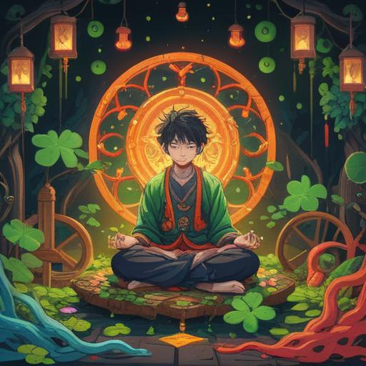 A serene depiction of a person meditating, surrounded by symbolic lucky items such as a four-leaf clover, a horseshoe, and a lucky cat, a warm glow emanating from these objects, tranquil nature setting, acceptance and peace emphasized, vibrant colors, soft light, harmonious atmosphere, 4k