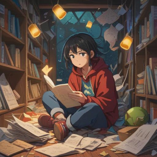 A thoughtful illustration depicting a figure sitting in a chaotic environment, surrounded by scattered papers and broken objects, a gentle light illuminating their face, deep in reflection, a sense of hope amidst confusion, an oversized clock showing time passing, vibrant but muted colors, conveying a mix of emotions, 4k