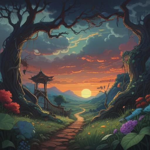 A surreal landscape depicting a person surrounded by symbolic representations of failure and struggle, dark clouds looming overhead, intertwined vines representing obstacles, ethereal light breaking through, elements of chaos and confusion, reflective water surface mirroring feelings of despair, hints of spiritual awakening, vibrant colors contrasting with shadows, 4k