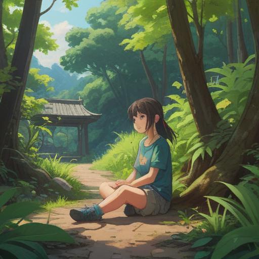 A serene and reflective scene, a person sitting cross-legged in a peaceful natural setting, surrounded by lush greenery and soft sunlight filtering through the trees, a gentle breeze rustling the leaves, contemplating their thoughts and aspirations, a sense of tranquility and inner peace, symbolic elements like a four-leaf clover or a shining star nearby, capturing the essence of self-discovery and attracting good fortune, harmonious colors, inviting atmosphere, 4K