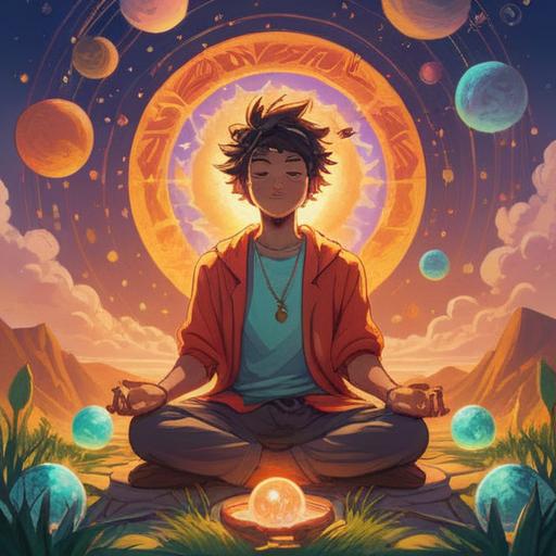A serene and uplifting illustration of a person meditating under a radiant sun, surrounded by colorful energy orbs representing positivity, a lush green landscape with blooming flowers, clear blue skies, gentle light rays streaming down, harmonious atmosphere, ethereal imagery, 4k