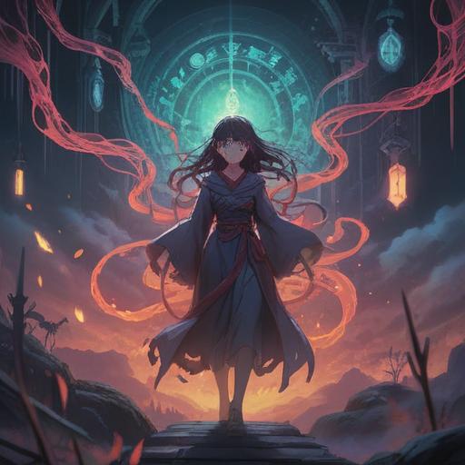 A mystical and surreal scene depicting a shadowy figure in the foreground, surrounded by ethereal lights and swirling fog, ominous symbols appearing in the air, contrasting with a serene landscape in the background, a feeling of unease and foreboding, deep colors and intricate details, dreamlike atmosphere, 4k